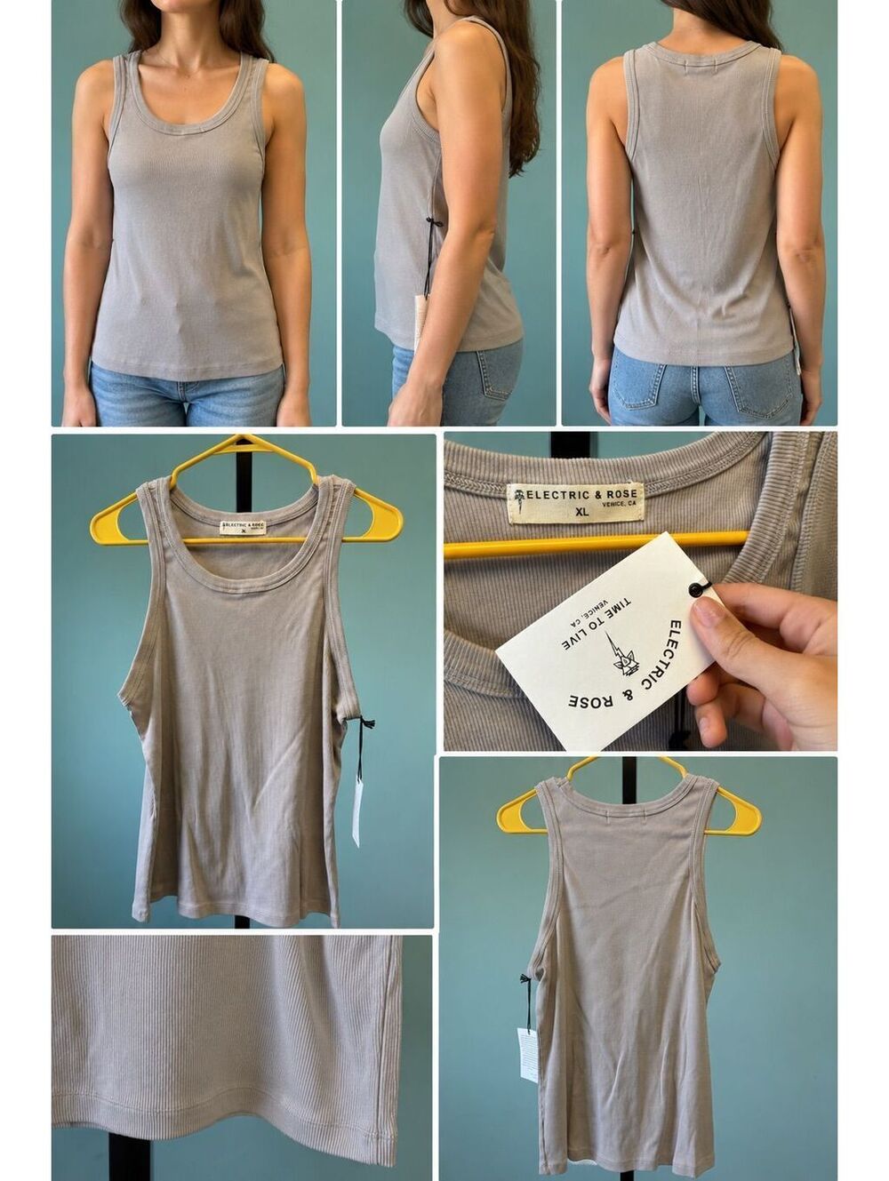255. NWT! Electric & Rose•Ribbed Tank Top•Taupe Neutral Stretch Basic•XL